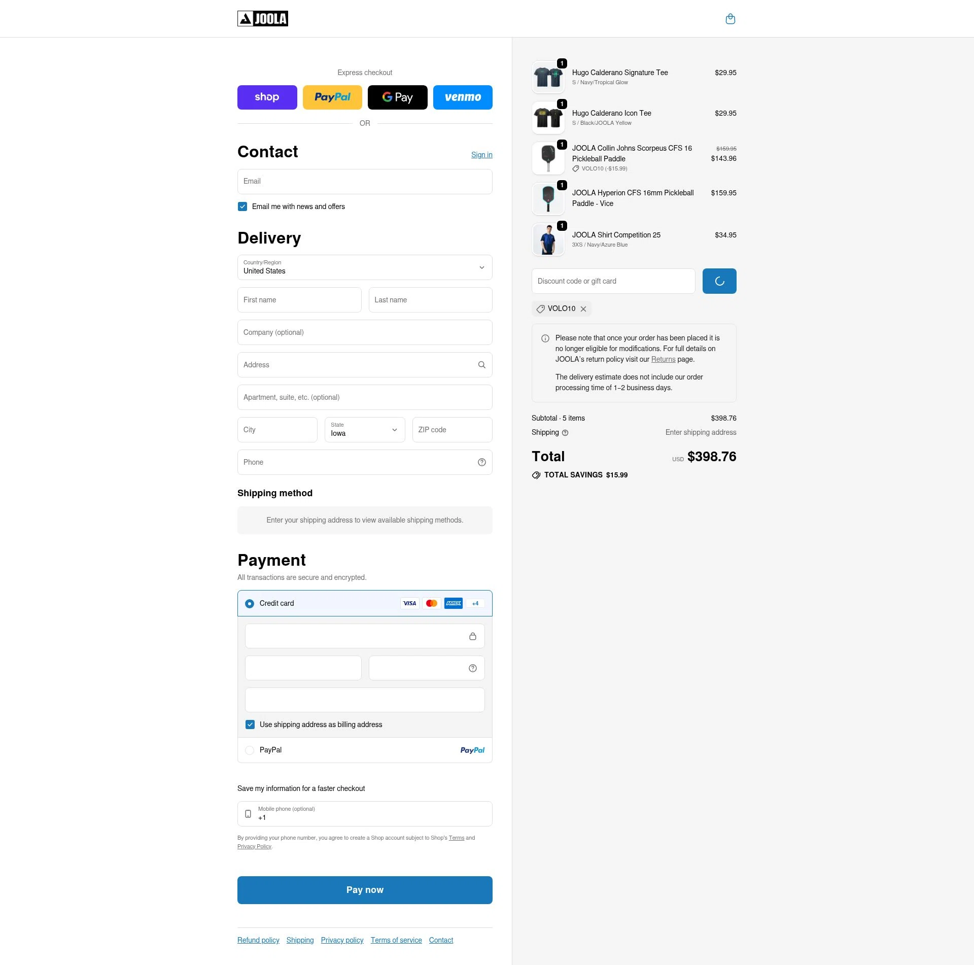 Joola USA checkout page showing Joola USA promo code box | Screenshot taken by SimplyCodes community member on Feb 16, 2026