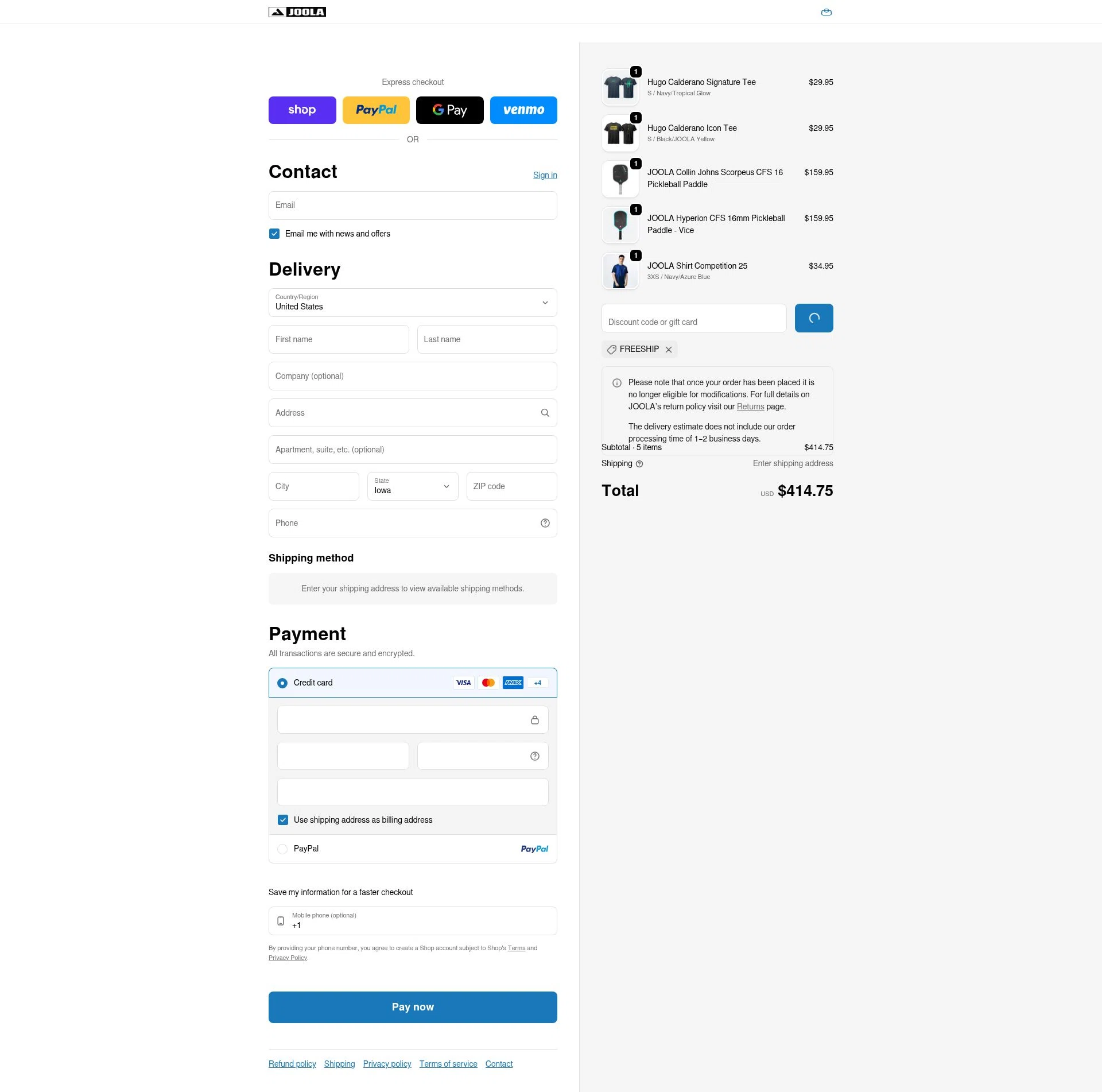 Joola USA checkout page showing Joola USA promo code box | Screenshot taken by SimplyCodes community member on Feb 11, 2026