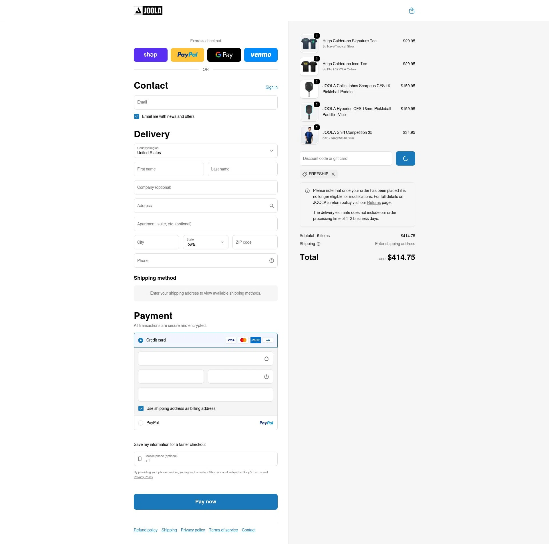 Joola USA checkout page showing Joola USA promo code box | Screenshot taken by SimplyCodes community member on Feb 16, 2026