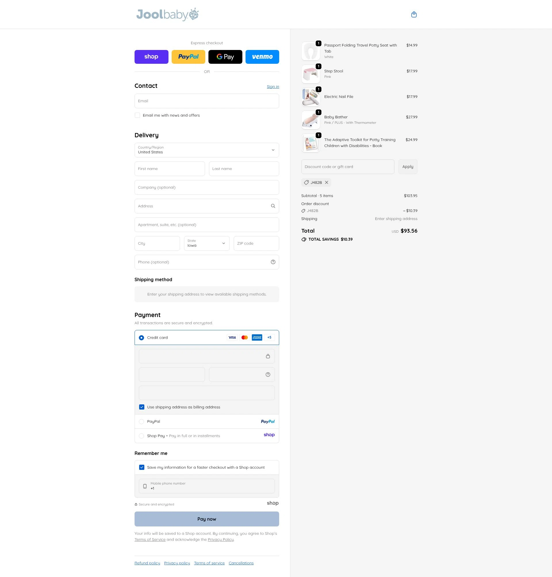 Jool Baby Products checkout page showing Jool Baby Products promo code box | Screenshot taken by SimplyCodes community member on Dec 1, 2025