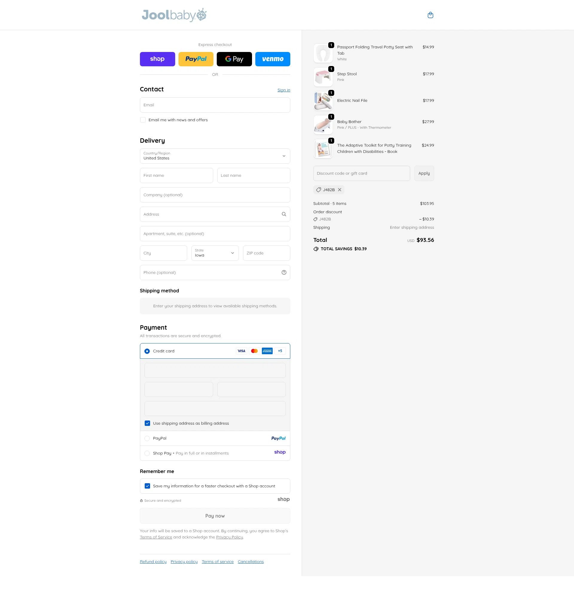 Jool Baby Products checkout page showing Jool Baby Products promo code box | Screenshot taken by SimplyCodes community member on Nov 26, 2025