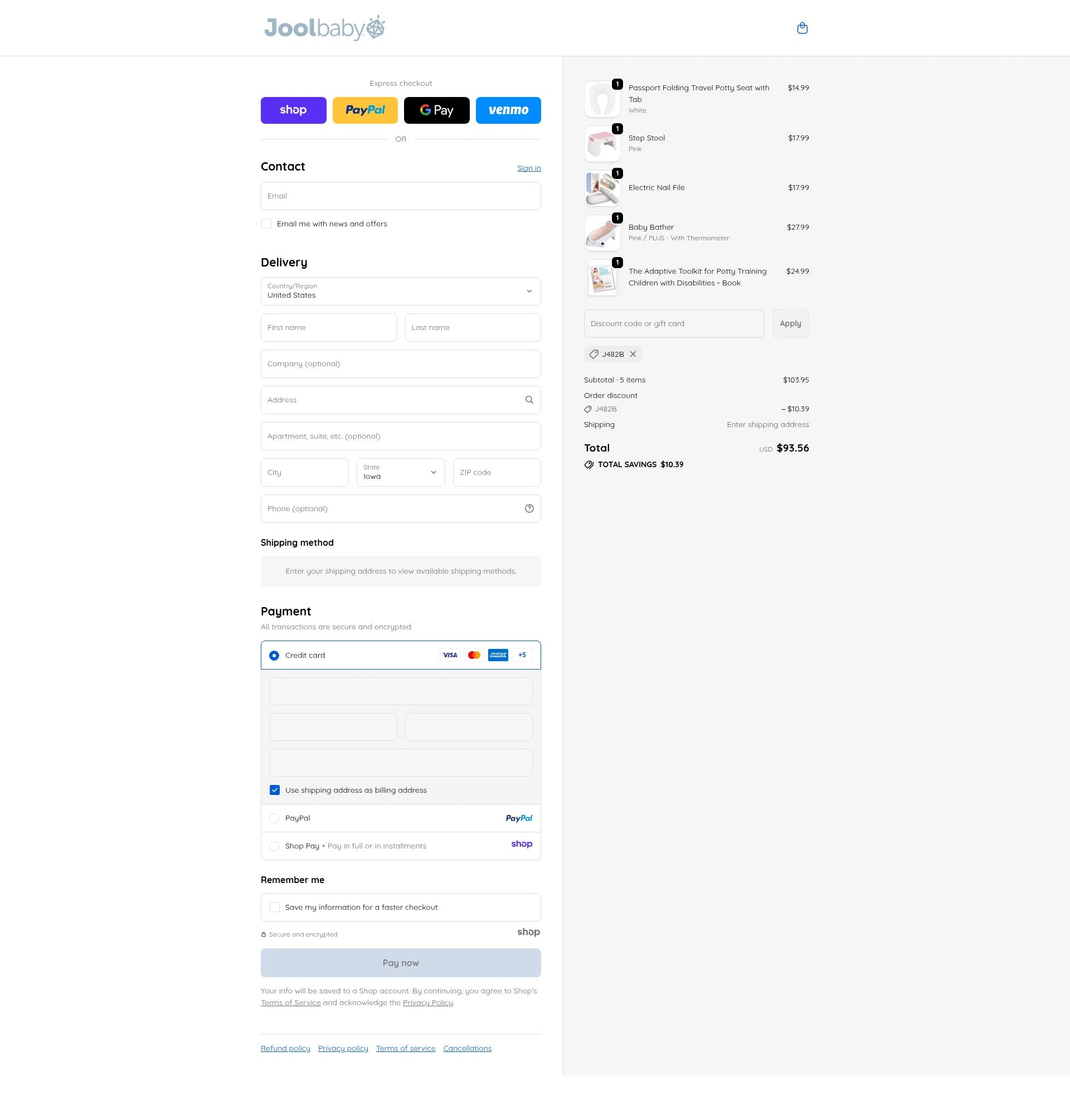 Jool Baby Products checkout page showing Jool Baby Products promo code box | Screenshot taken by SimplyCodes community member on Dec 13, 2025