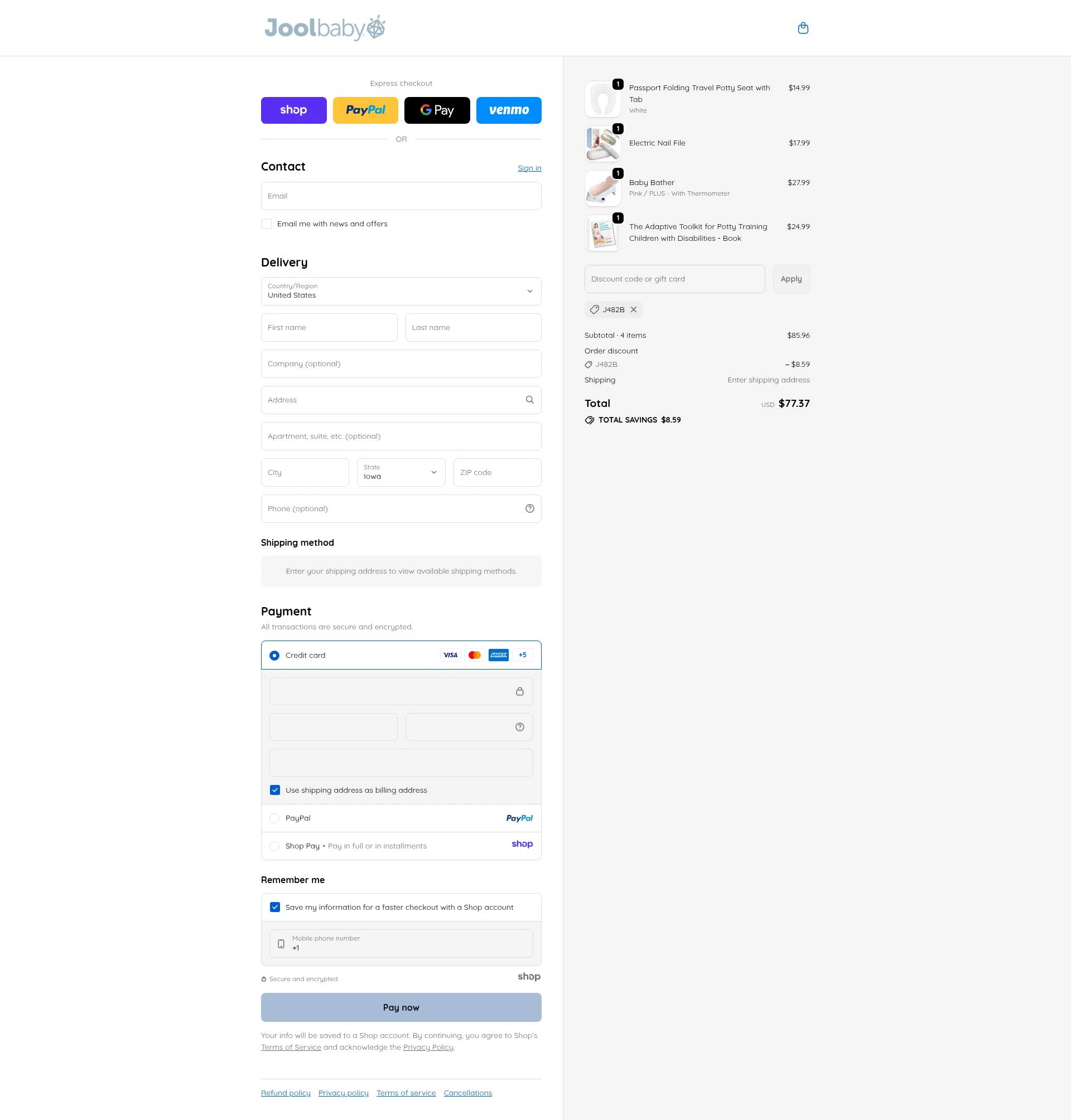 Jool Baby Products checkout page showing Jool Baby Products promo code box | Screenshot taken by SimplyCodes community member on Nov 16, 2025