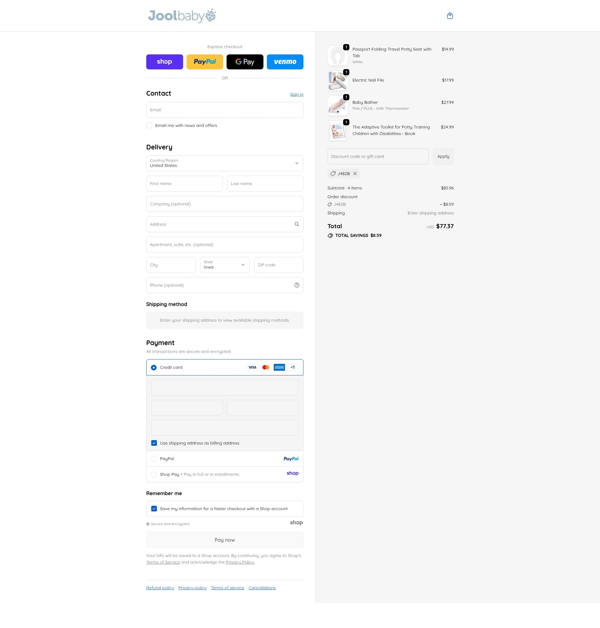 Jool Baby Products checkout page showing Jool Baby Products promo code box | Screenshot taken by SimplyCodes community member on Nov 11, 2025