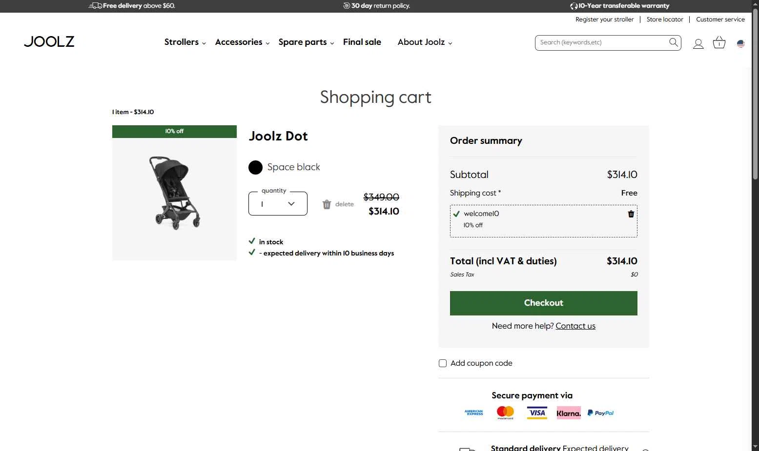 Joolz checkout page showing Joolz coupon code box | Screenshot taken by SimplyCodes community member on Dec 28, 2025