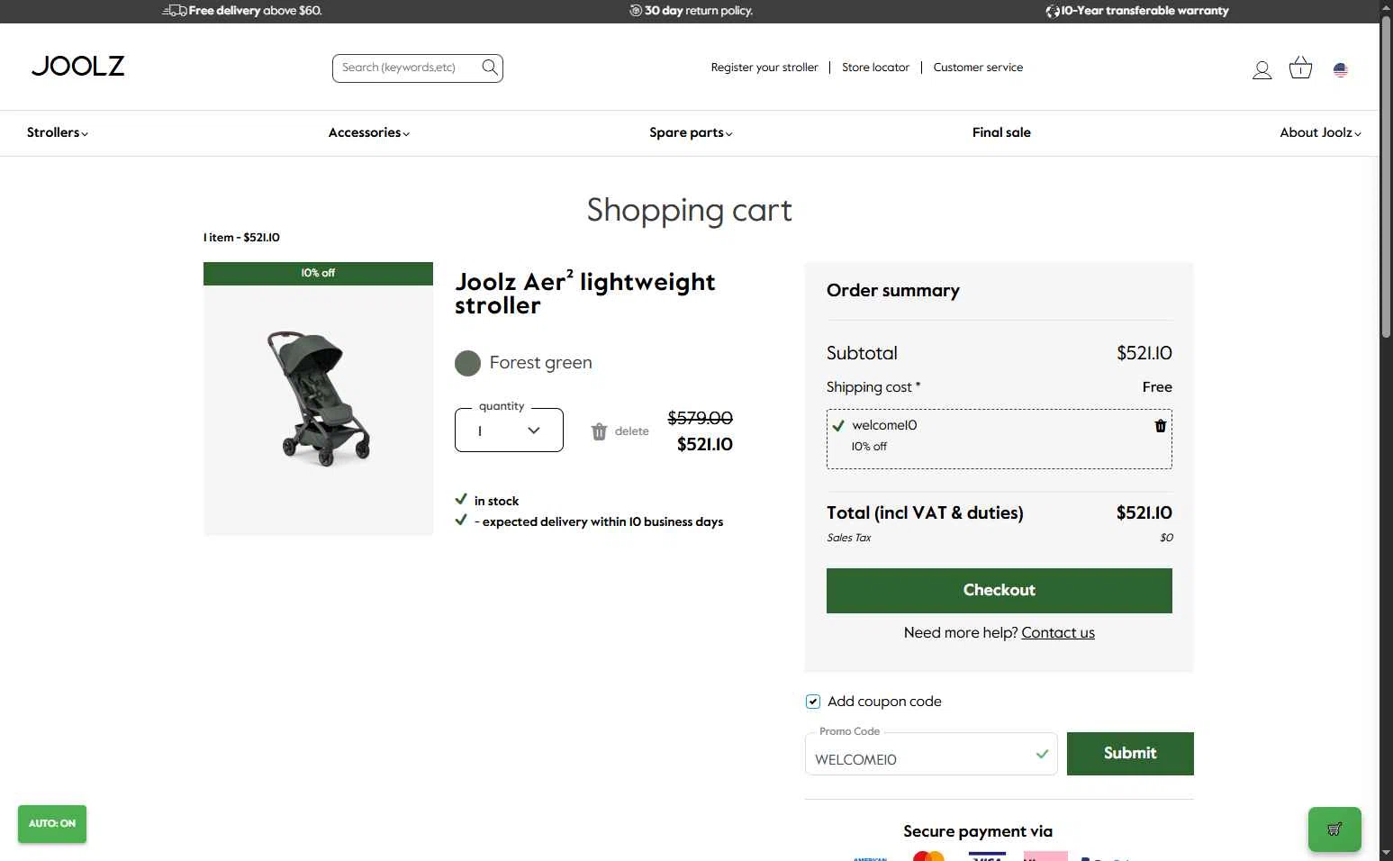 Joolz checkout page showing Joolz coupon code box | Screenshot taken by SimplyCodes community member on Nov 21, 2025