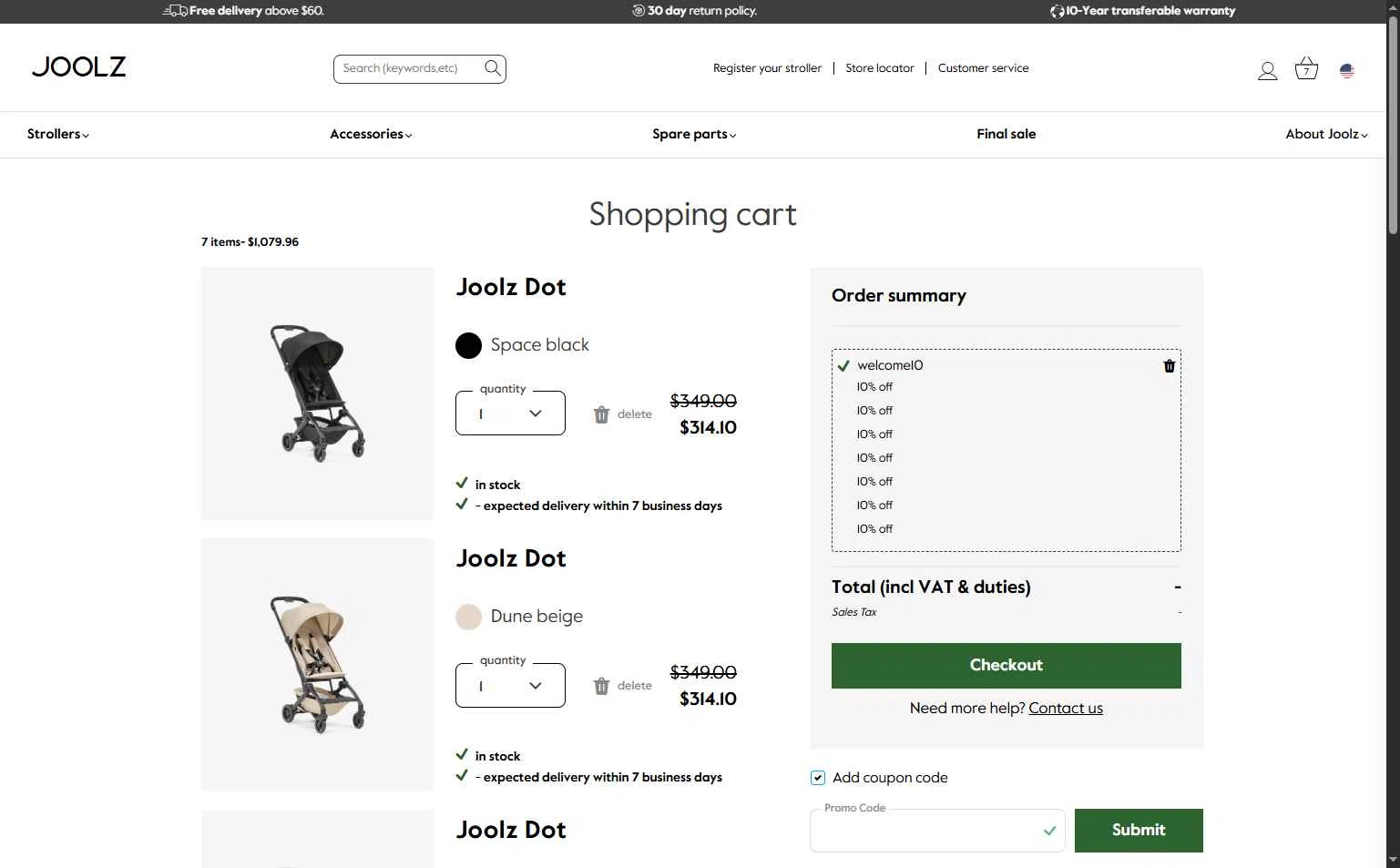 Joolz checkout page showing Joolz coupon code box | Screenshot taken by SimplyCodes community member on Jan 18, 2026