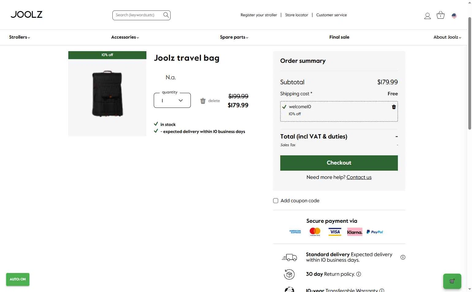 Joolz checkout page showing Joolz coupon code box | Screenshot taken by SimplyCodes community member on Oct 23, 2025
