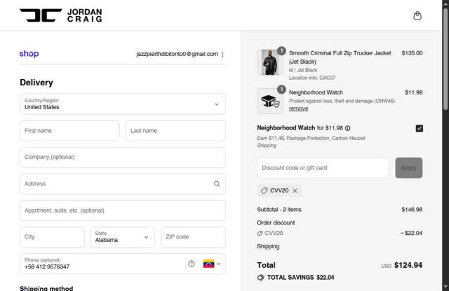 Jordan Craig checkout page showing Jordan Craig discount code box | Screenshot taken by SimplyCodes community member on Sep 14, 2025