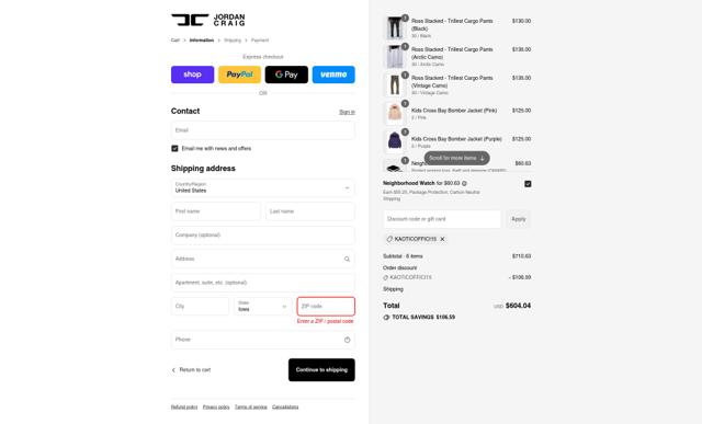 Jordan Craig checkout page showing Jordan Craig discount code box | Screenshot taken by SimplyCodes community member on Sep 13, 2025