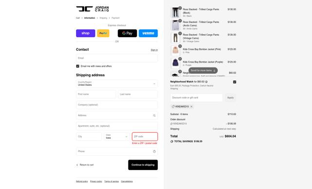 Jordan Craig checkout page showing Jordan Craig discount code box | Screenshot taken by SimplyCodes community member on Sep 13, 2025