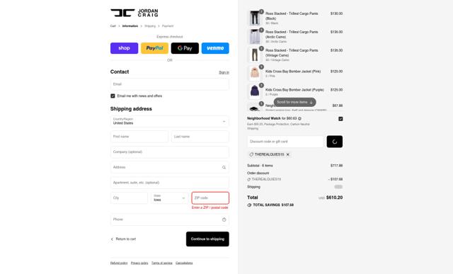 Jordan Craig checkout page showing Jordan Craig discount code box | Screenshot taken by SimplyCodes community member on Sep 13, 2025