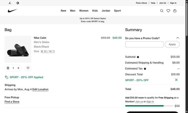 Jordan checkout page showing Jordan promo code box | Screenshot taken by SimplyCodes community member on Jul 25, 2025