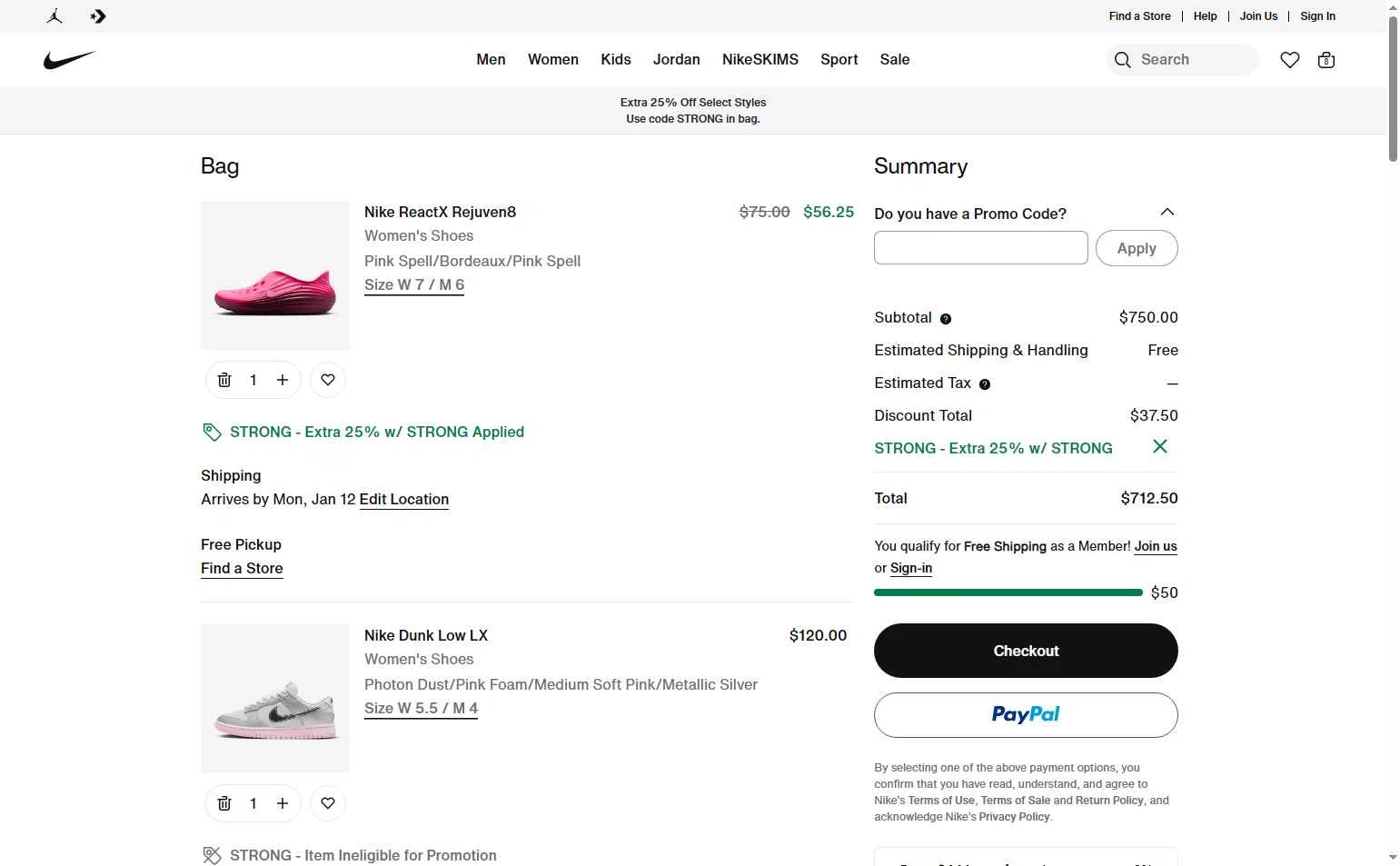 Jordan checkout page showing Jordan promo code box | Screenshot taken by SimplyCodes community member on Dec 27, 2025