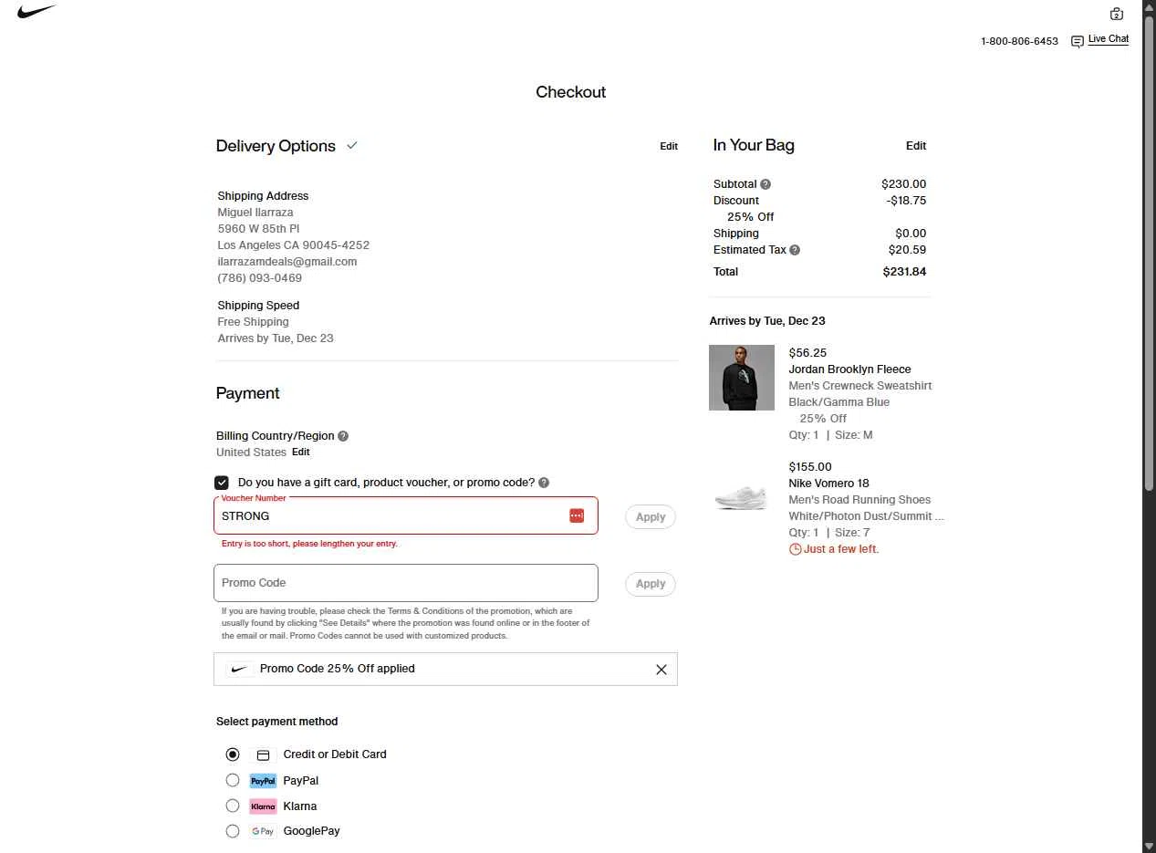 Jordan checkout page showing Jordan promo code box | Screenshot taken by SimplyCodes community member on Dec 18, 2025