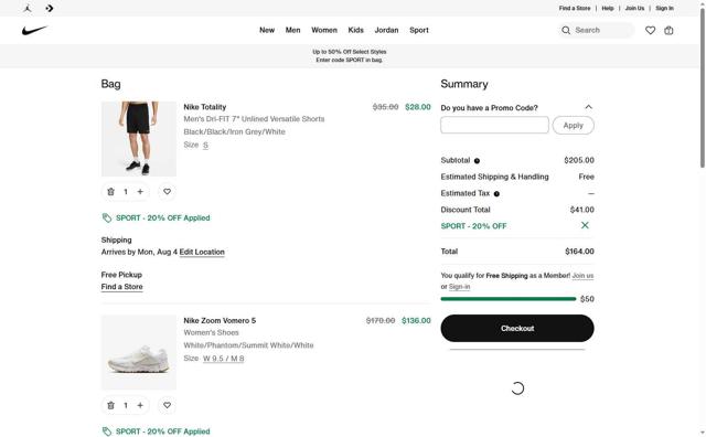 Jordan checkout page showing Jordan promo code box | Screenshot taken by SimplyCodes community member on Jul 25, 2025