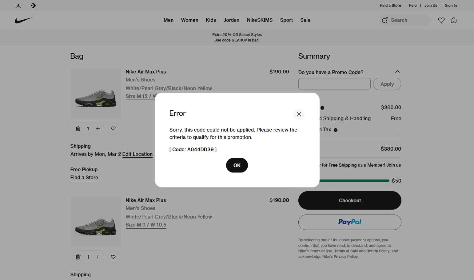 Jordan checkout page showing Jordan promo code box | Screenshot taken by SimplyCodes community member on Feb 23, 2026