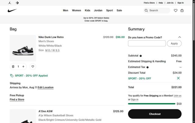 Jordan checkout page showing Jordan promo code box | Screenshot taken by SimplyCodes community member on Jul 31, 2025