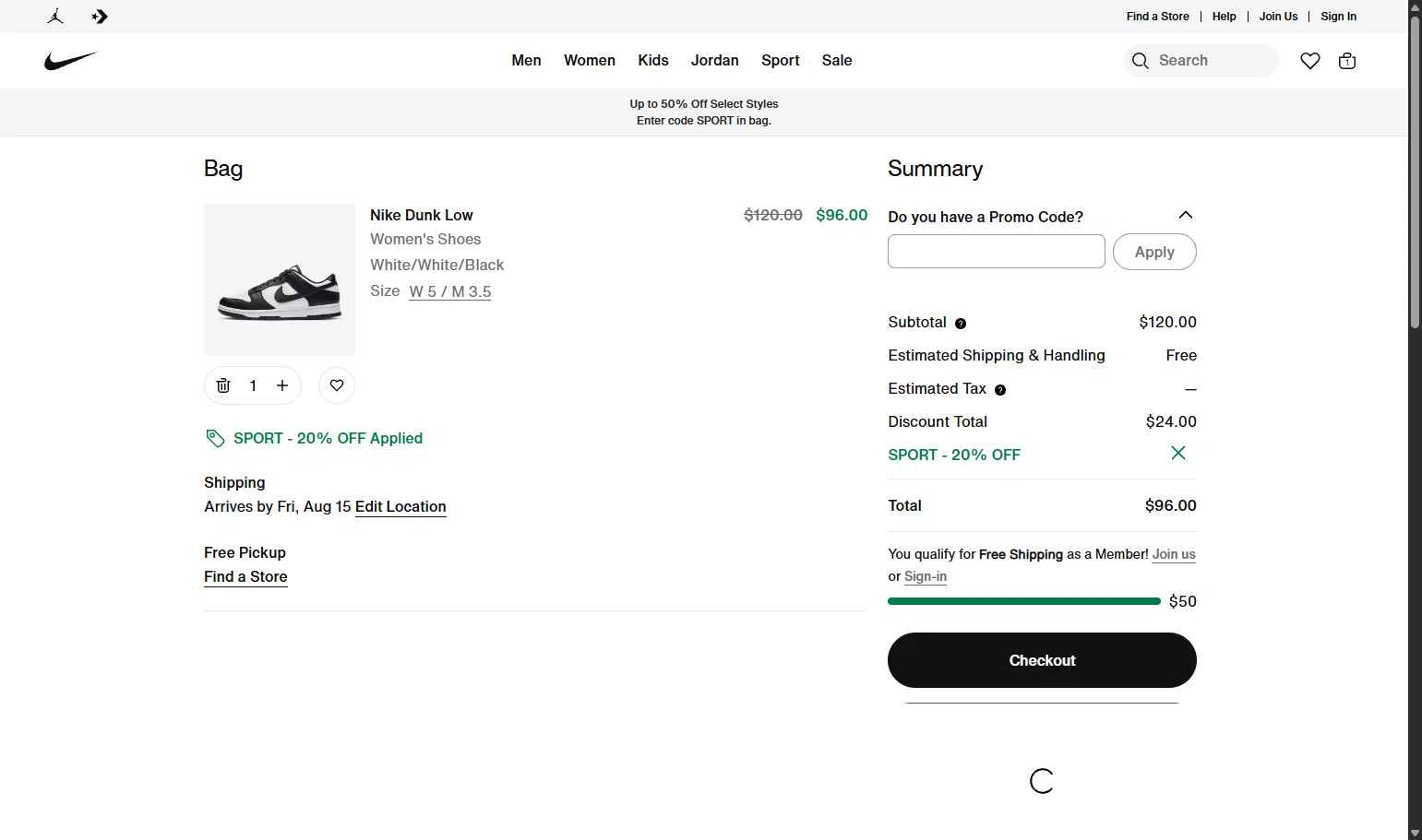 Jordan checkout page showing Jordan promo code box | Screenshot taken by SimplyCodes community member on Aug 7, 2025
