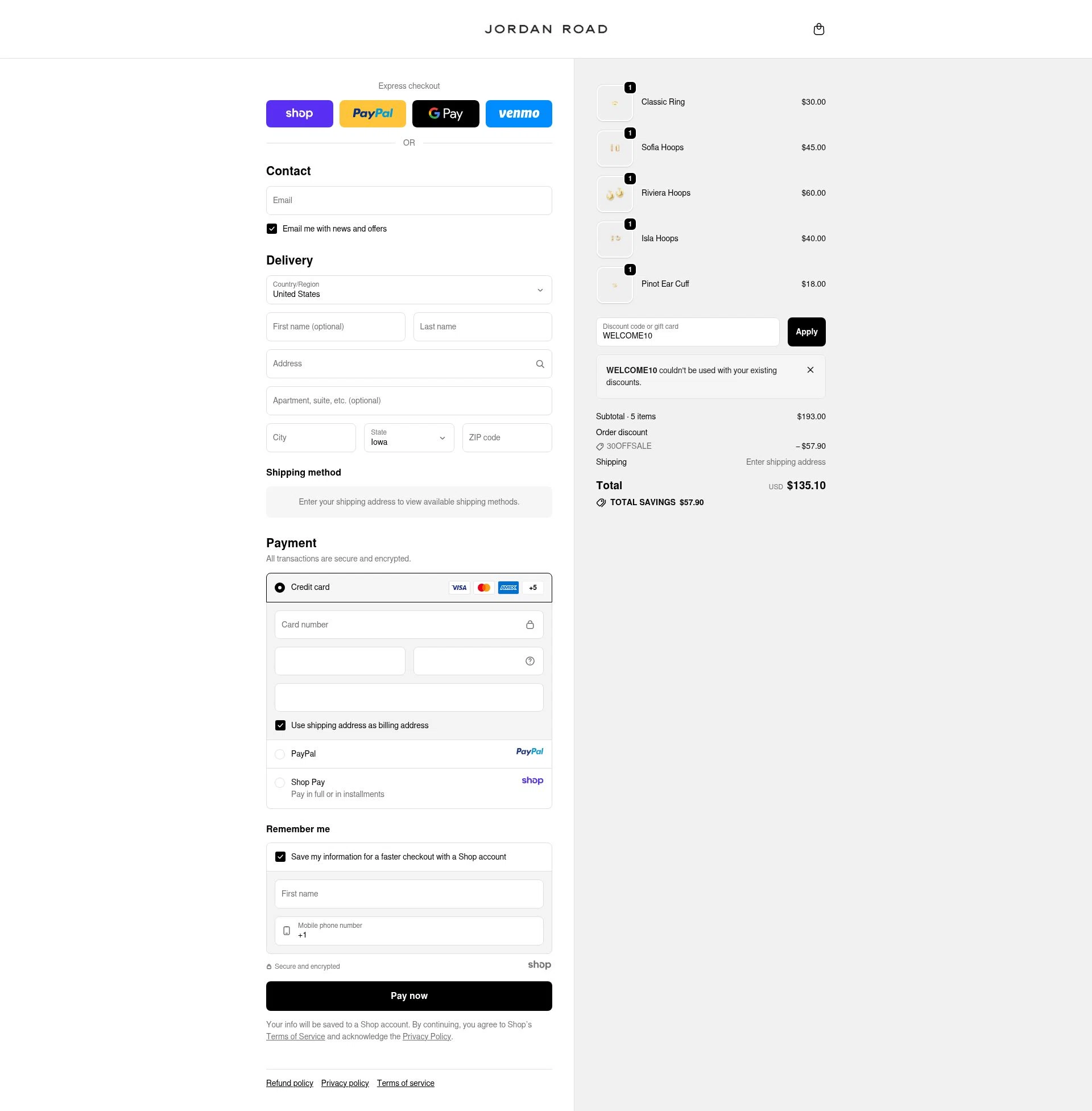 Jordan Road checkout page showing Jordan Road promo code box | Screenshot taken by SimplyCodes community member on Oct 5, 2025