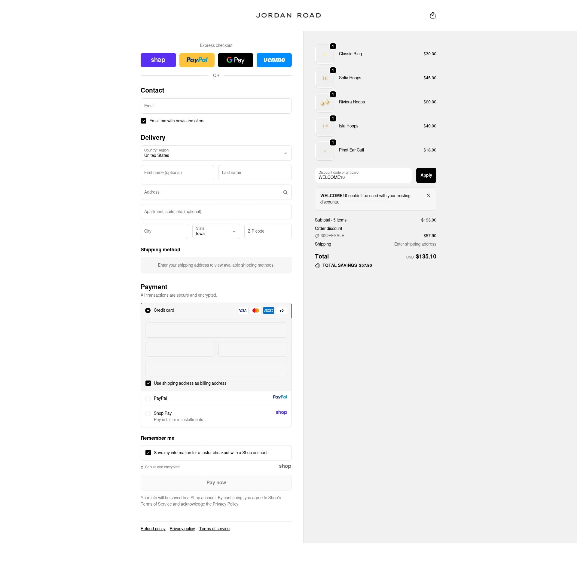 Jordan Road checkout page showing Jordan Road promo code box | Screenshot taken by SimplyCodes community member on Oct 9, 2025