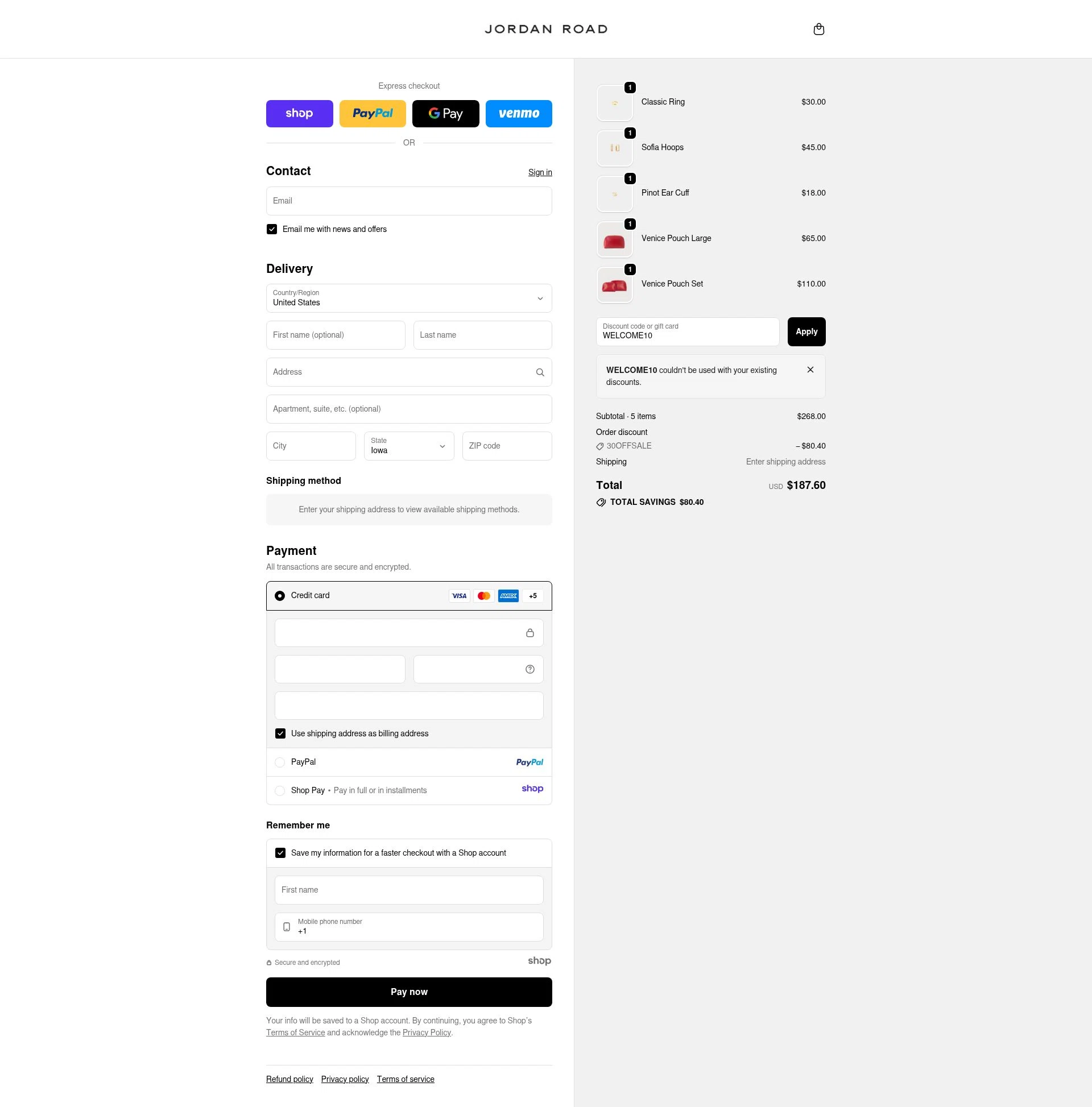 Jordan Road checkout page showing Jordan Road promo code box | Screenshot taken by SimplyCodes community member on Nov 6, 2025