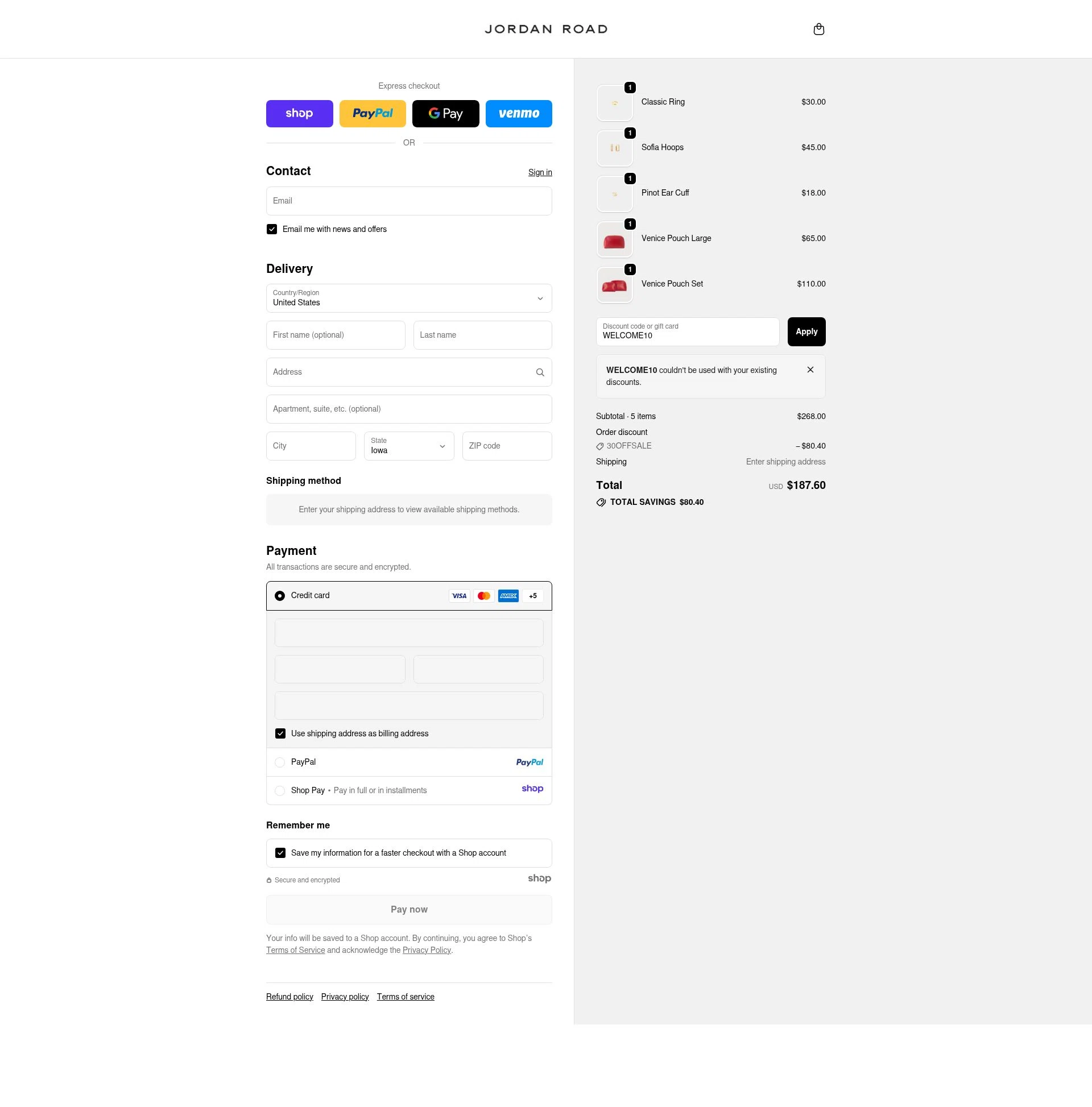 Jordan Road checkout page showing Jordan Road promo code box | Screenshot taken by SimplyCodes community member on Nov 11, 2025