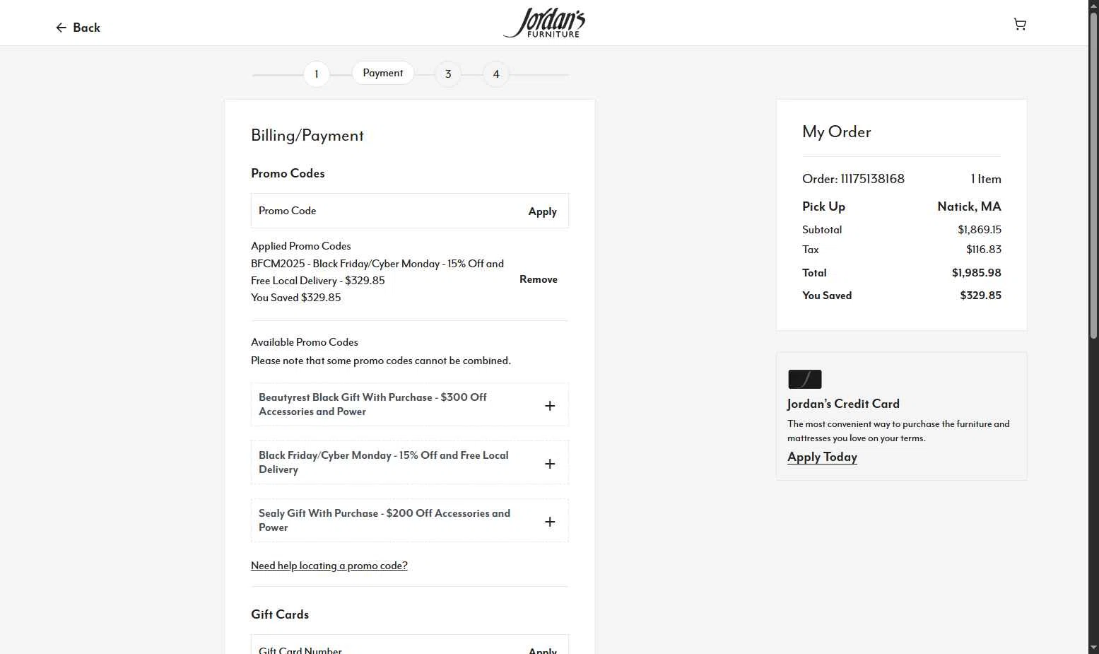 Jordan's Furniture checkout page showing Jordan's Furniture promo code box | Screenshot taken by SimplyCodes community member on Nov 17, 2025