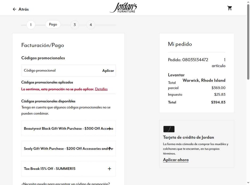 Jordan's Furniture checkout page showing Jordan's Furniture promo code box | Screenshot taken by SimplyCodes community member on Aug 3, 2025