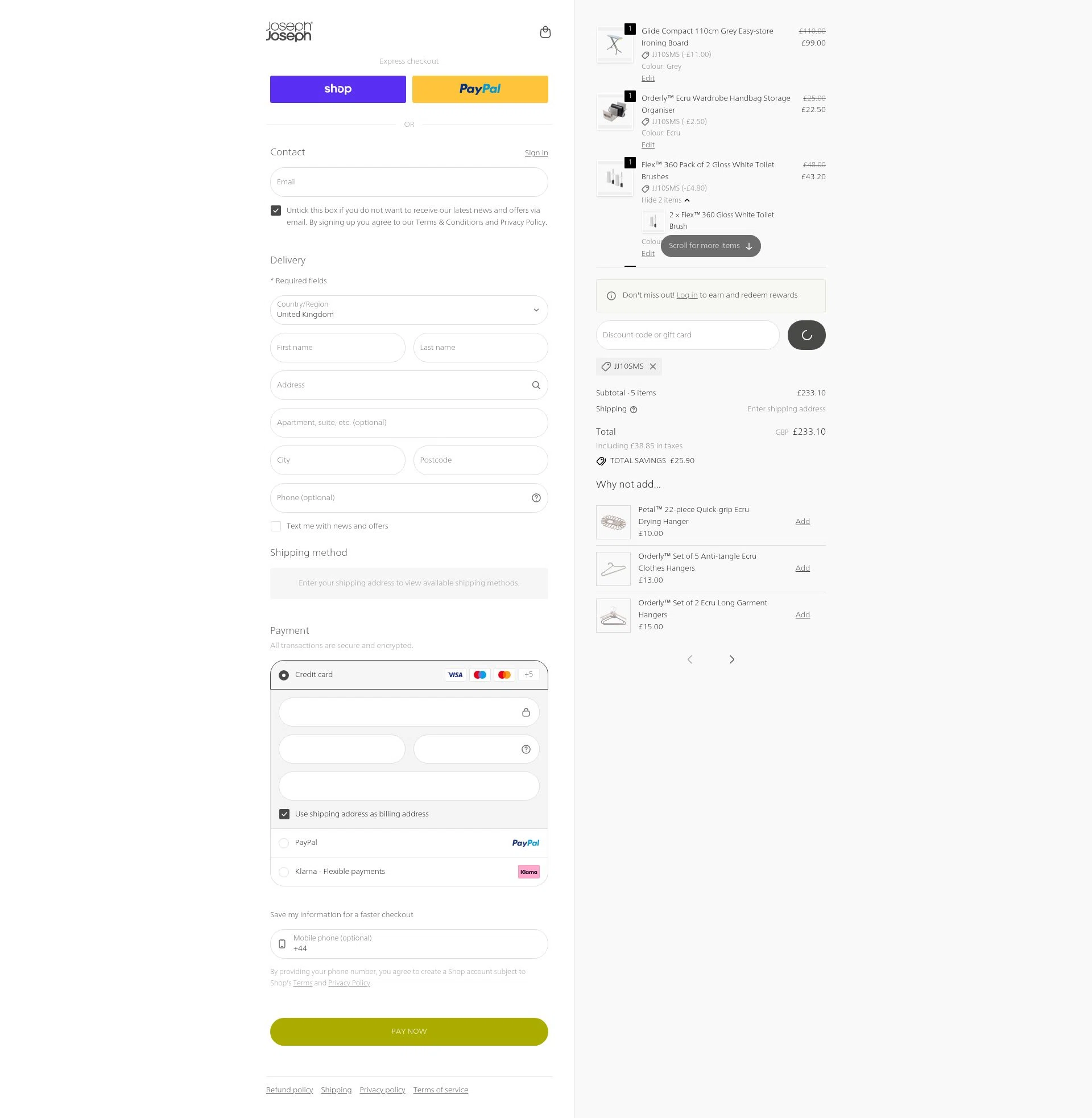 Joseph Joseph checkout page showing Joseph Joseph discount code box | Screenshot taken by SimplyCodes community member on Feb 12, 2026