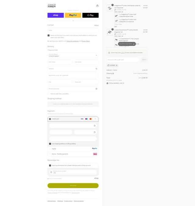 Joseph Joseph checkout page showing Joseph Joseph discount code box | Screenshot taken by SimplyCodes community member on Sep 15, 2025