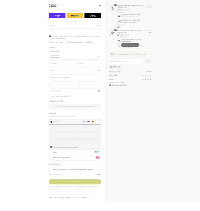 Joseph Joseph checkout page showing Joseph Joseph discount code box | Screenshot taken by SimplyCodes community member on Sep 11, 2025