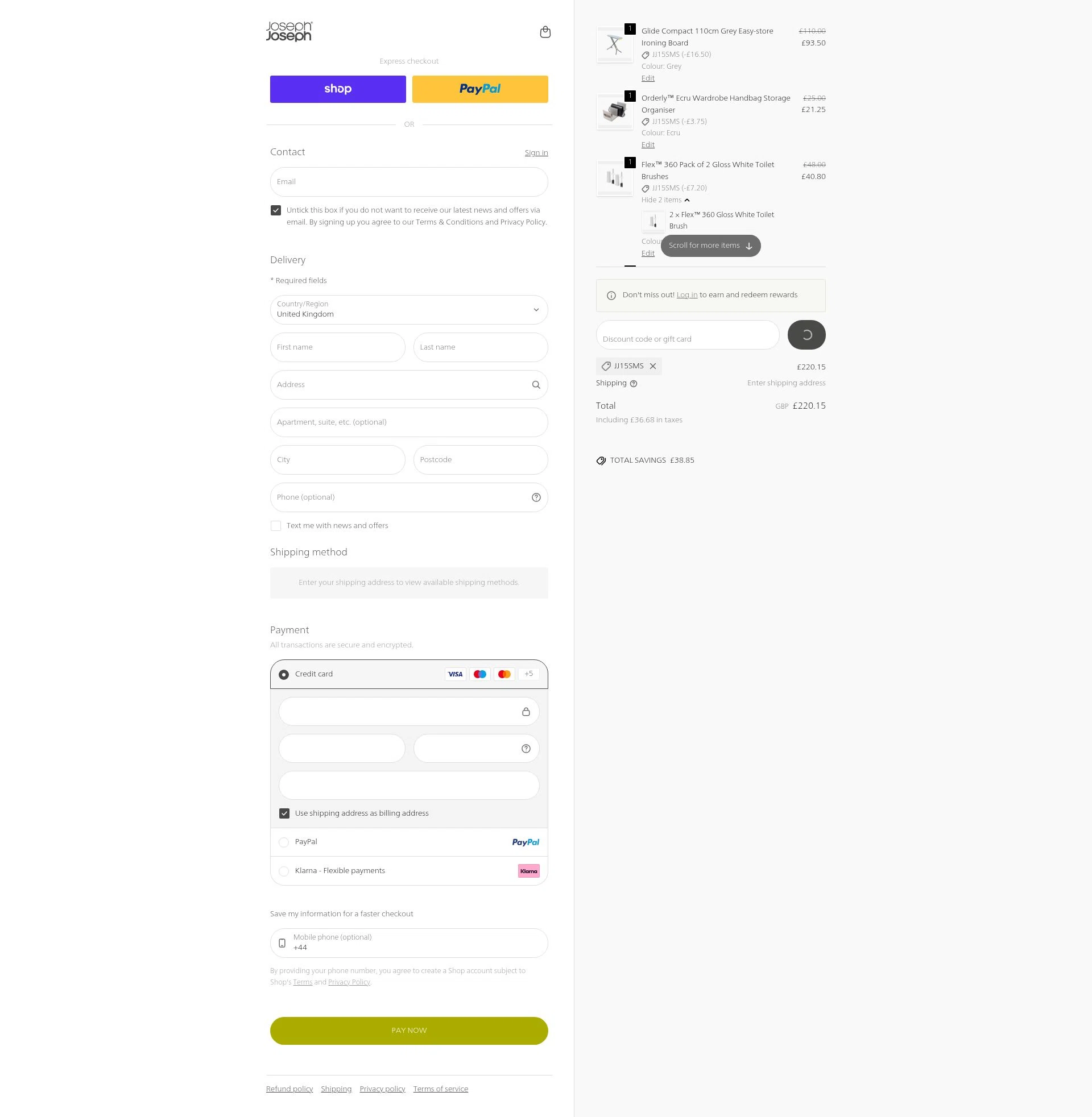 Joseph Joseph checkout page showing Joseph Joseph discount code box | Screenshot taken by SimplyCodes community member on Feb 8, 2026