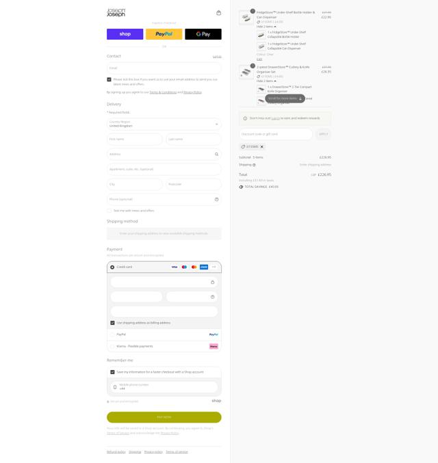 Joseph Joseph checkout page showing Joseph Joseph discount code box | Screenshot taken by SimplyCodes community member on Sep 7, 2025