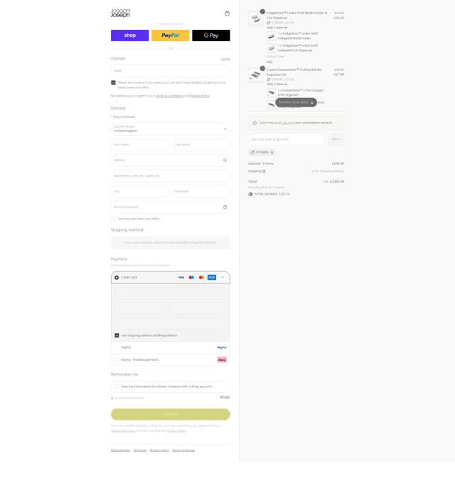 Joseph Joseph checkout page showing Joseph Joseph discount code box | Screenshot taken by SimplyCodes community member on Sep 7, 2025