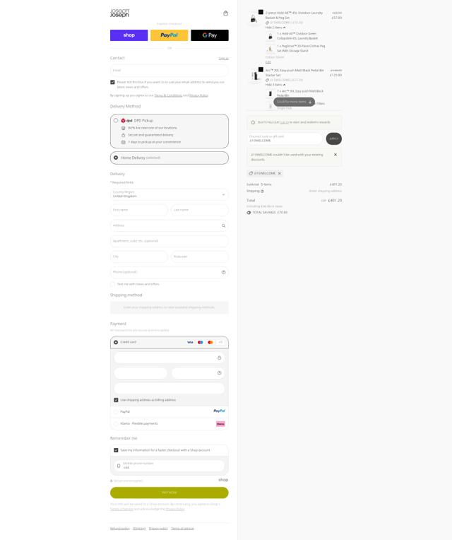 Joseph Joseph checkout page showing Joseph Joseph discount code box | Screenshot taken by SimplyCodes community member on Oct 6, 2025