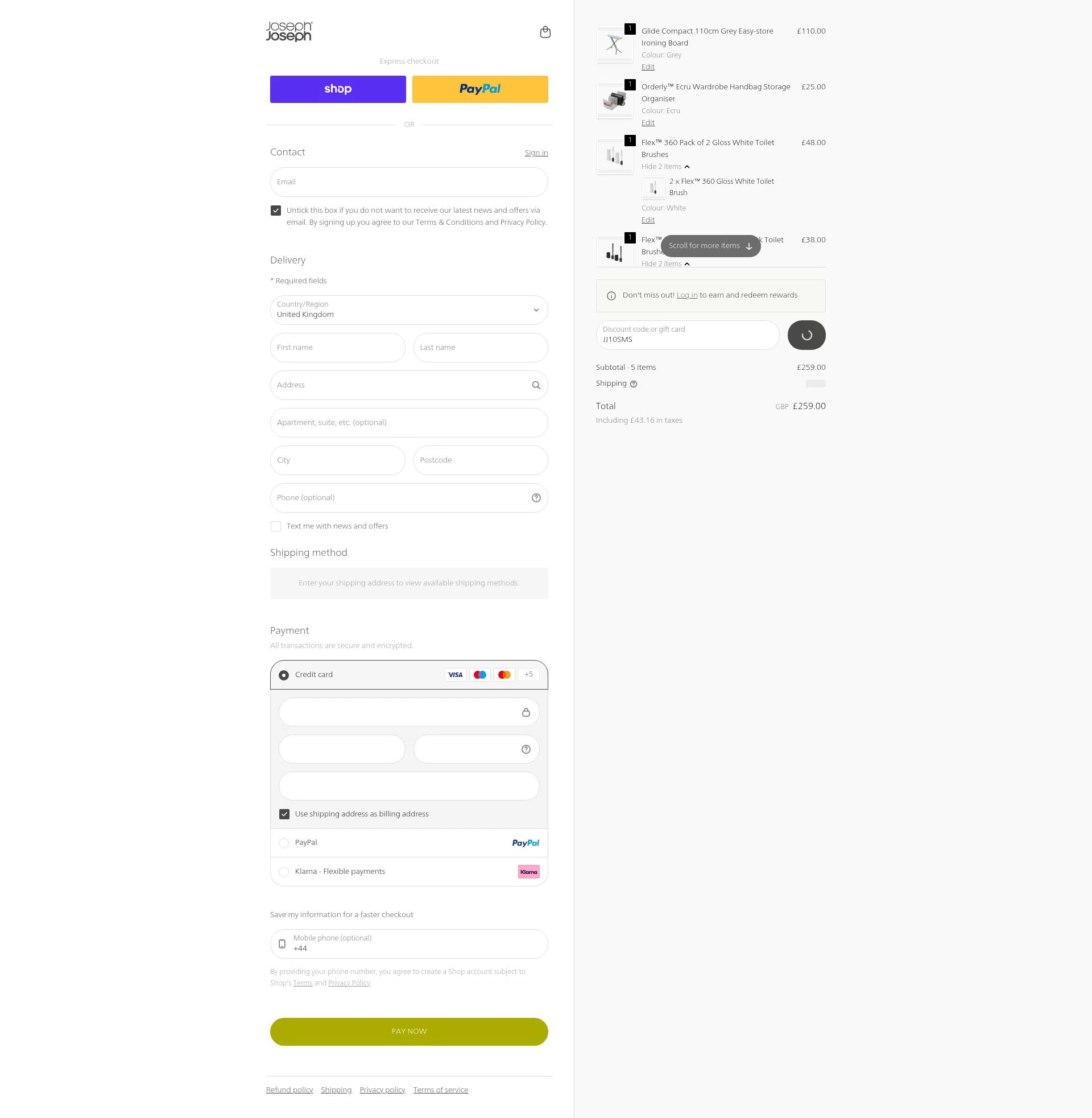 Joseph Joseph checkout page showing Joseph Joseph discount code box | Screenshot taken by SimplyCodes community member on Feb 8, 2026