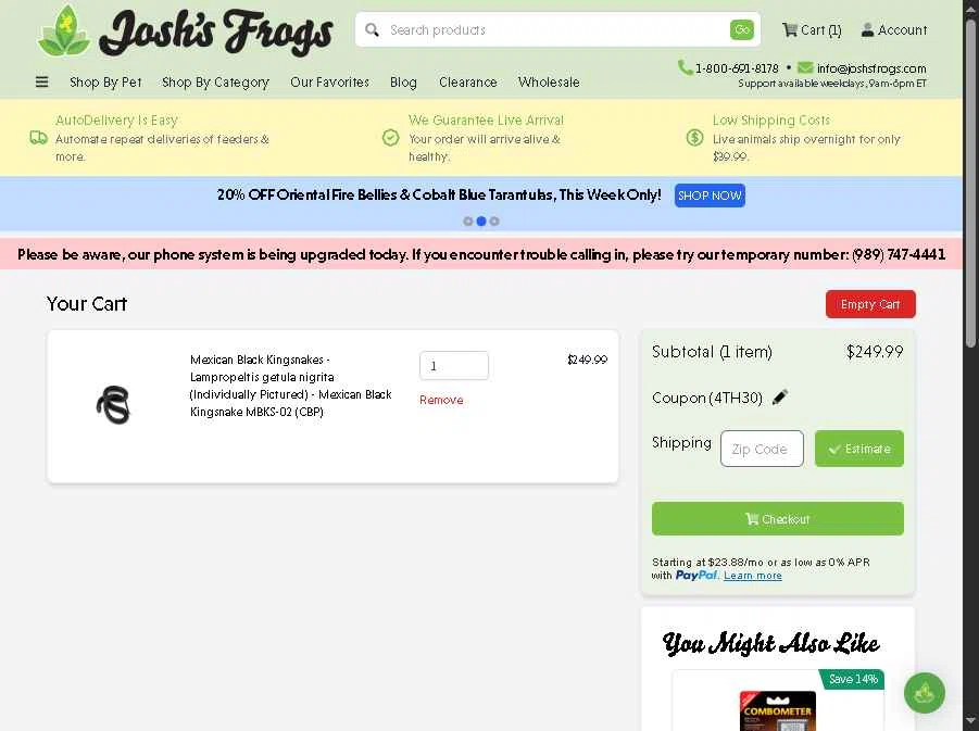 Josh's Frogs checkout page showing Josh's Frogs coupon code box | Screenshot taken by SimplyCodes community member on Jan 6, 2026