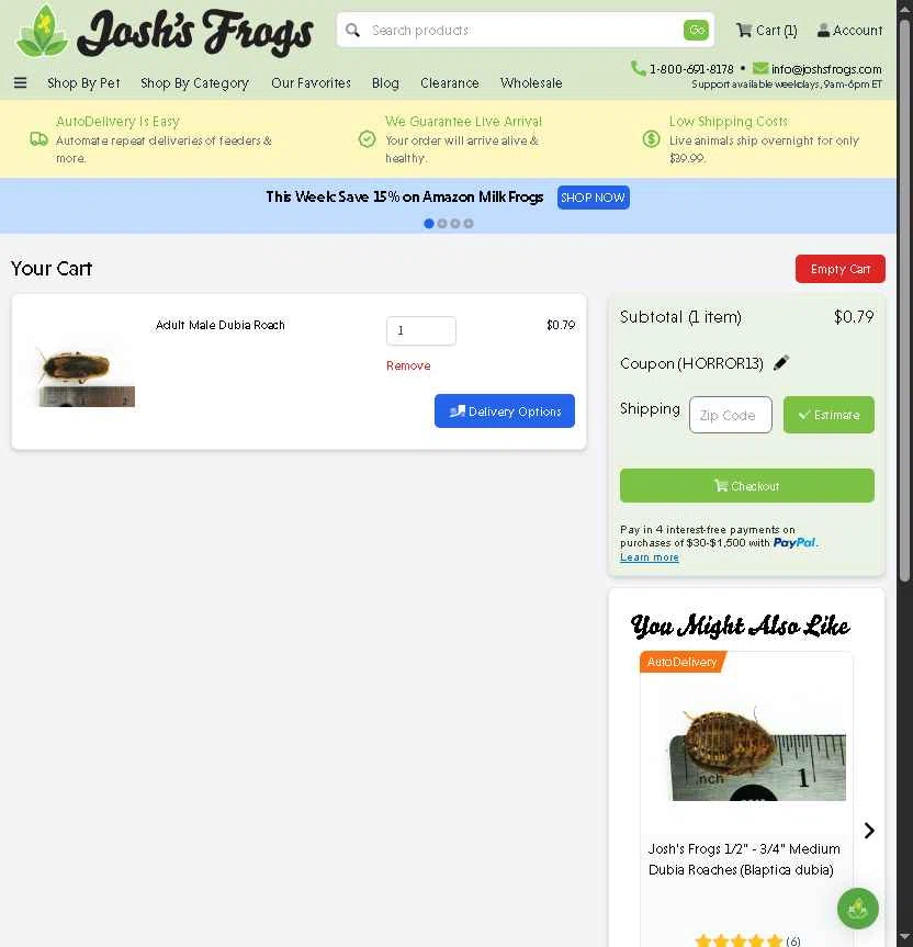 Josh's Frogs checkout page showing Josh's Frogs coupon code box | Screenshot taken by SimplyCodes community member on Feb 5, 2026