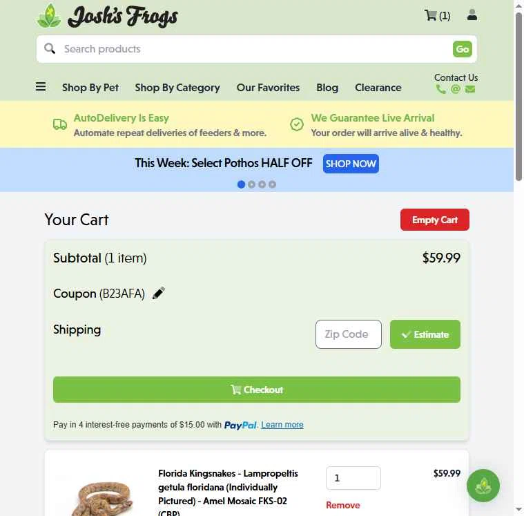 Josh's Frogs checkout page showing Josh's Frogs coupon code box | Screenshot taken by SimplyCodes community member on Jan 28, 2026