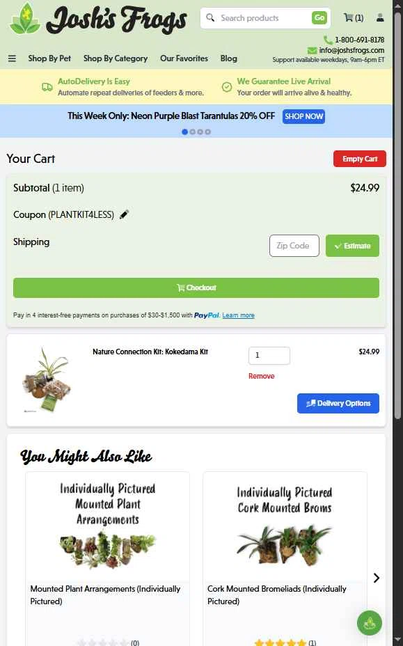 Josh's Frogs checkout page showing Josh's Frogs coupon code box | Screenshot taken by SimplyCodes community member on Jan 22, 2026