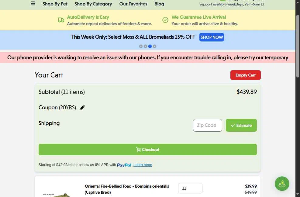 Josh's Frogs checkout page showing Josh's Frogs coupon code box | Screenshot taken by SimplyCodes community member on Jan 19, 2026