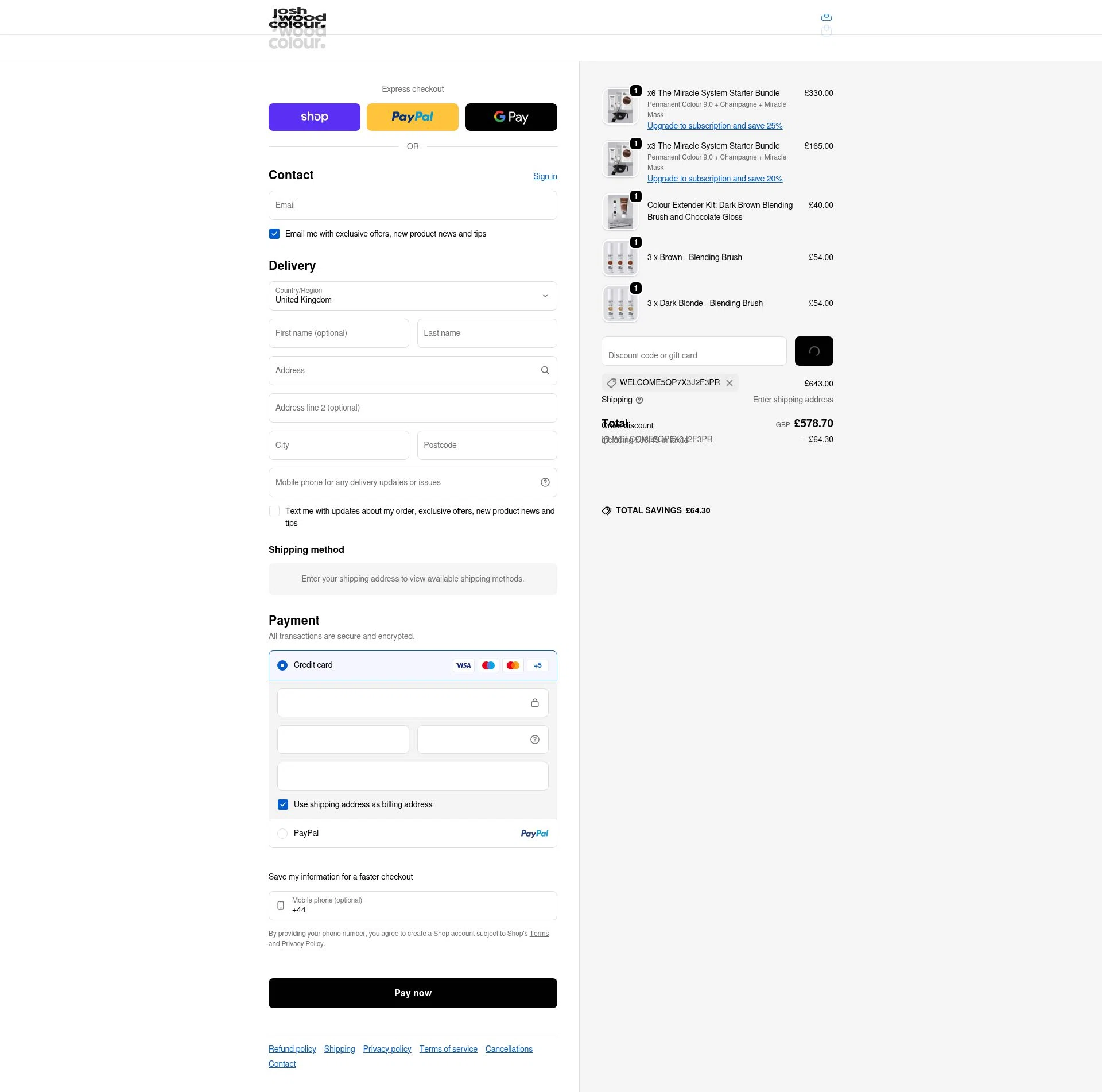 Josh Wood Colour checkout page showing Josh Wood Colour discount code box | Screenshot taken by SimplyCodes community member on Feb 17, 2026