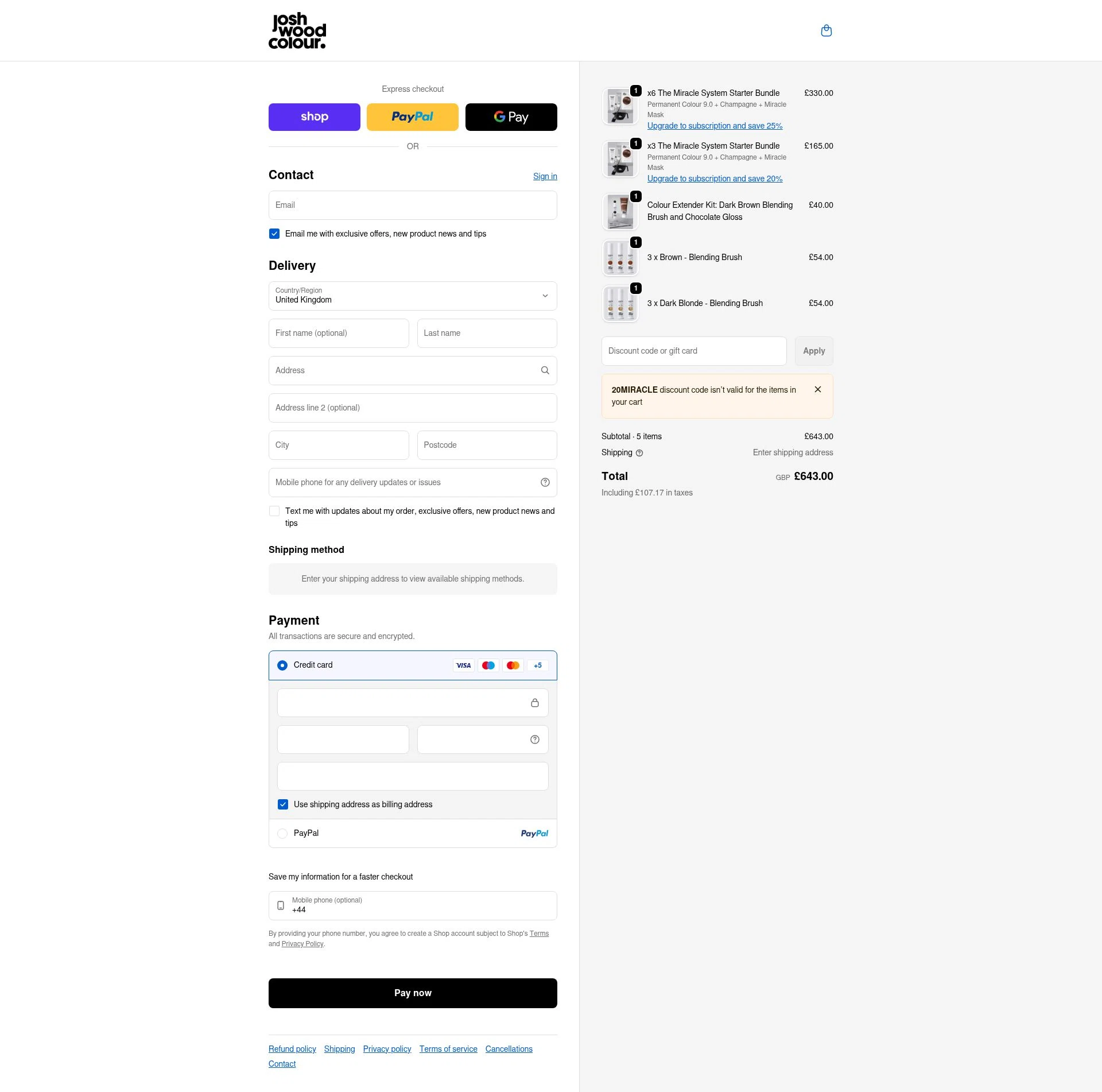 Josh Wood Colour checkout page showing Josh Wood Colour discount code box | Screenshot taken by SimplyCodes community member on Feb 17, 2026