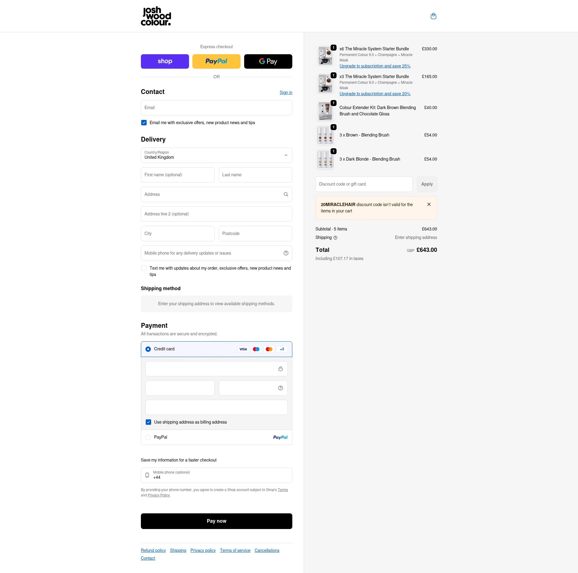 Josh Wood Colour checkout page showing Josh Wood Colour discount code box | Screenshot taken by SimplyCodes community member on Feb 17, 2026