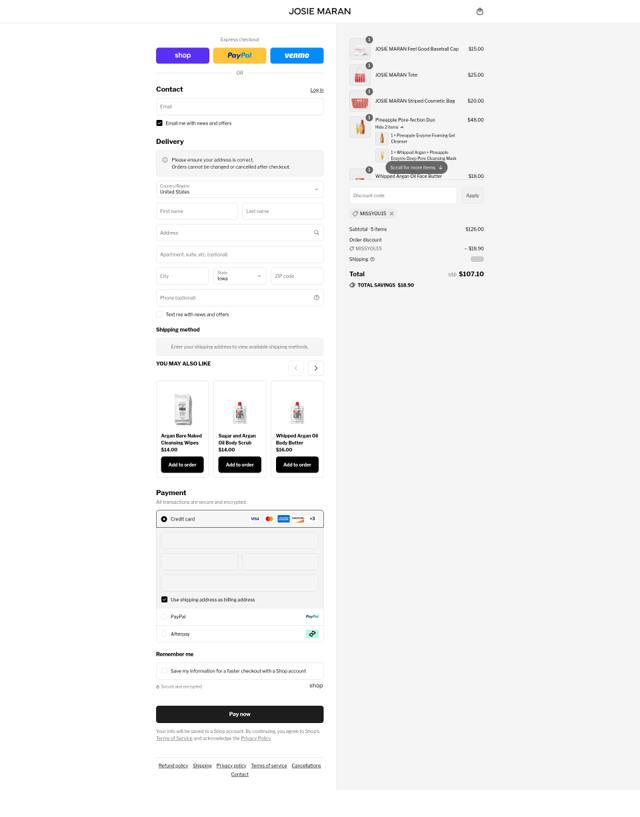 Josie Maran checkout page showing Josie Maran discount code box | Screenshot taken by SimplyCodes community member on Aug 30, 2025