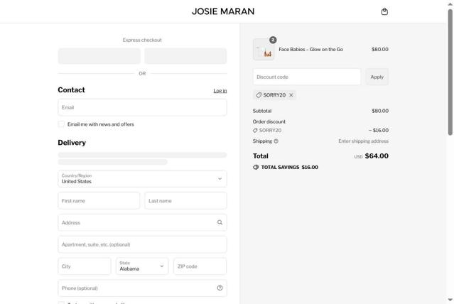 Josie Maran checkout page showing Josie Maran discount code box | Screenshot taken by SimplyCodes community member on Aug 17, 2025