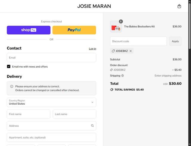 Josie Maran checkout page showing Josie Maran discount code box | Screenshot taken by SimplyCodes community member on Aug 27, 2025