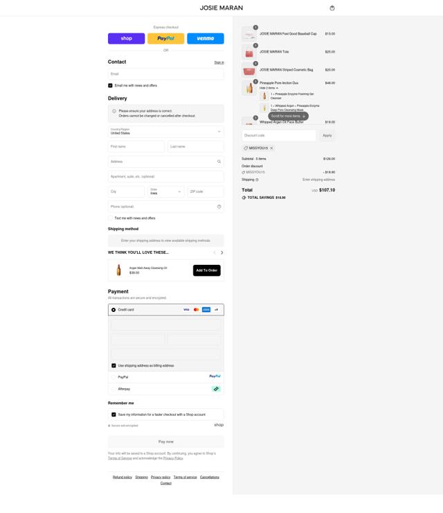 Josie Maran checkout page showing Josie Maran discount code box | Screenshot taken by SimplyCodes community member on Sep 12, 2025