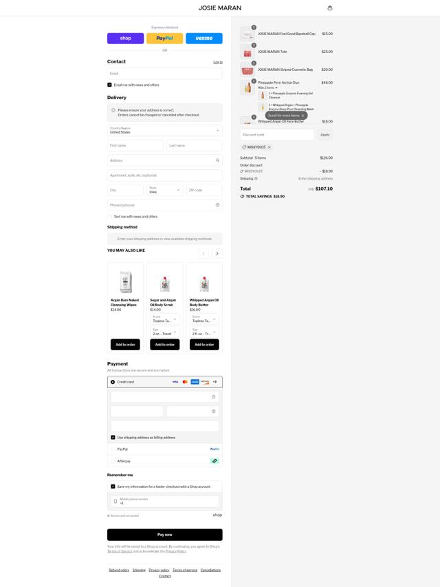 Josie Maran checkout page showing Josie Maran discount code box | Screenshot taken by SimplyCodes community member on Sep 4, 2025